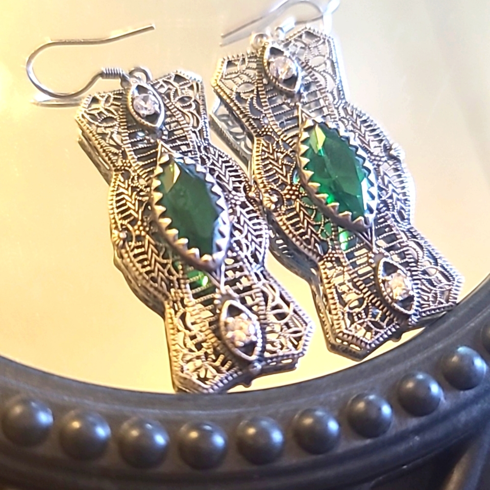 Emerald & CZ Silver Filigree Edwardian Reproduction Earrings